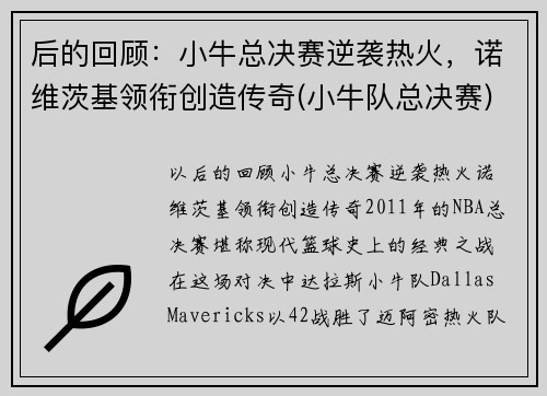 后的回顾：小牛总决赛逆袭热火，诺维茨基领衔创造传奇(小牛队总决赛)