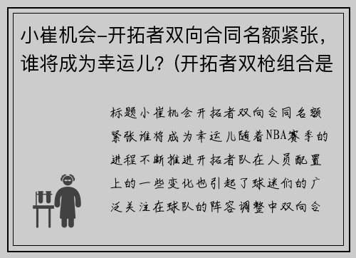 小崔机会-开拓者双向合同名额紧张，谁将成为幸运儿？(开拓者双枪组合是谁)