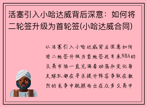 活塞引入小哈达威背后深意：如何将二轮签升级为首轮签(小哈达威合同)